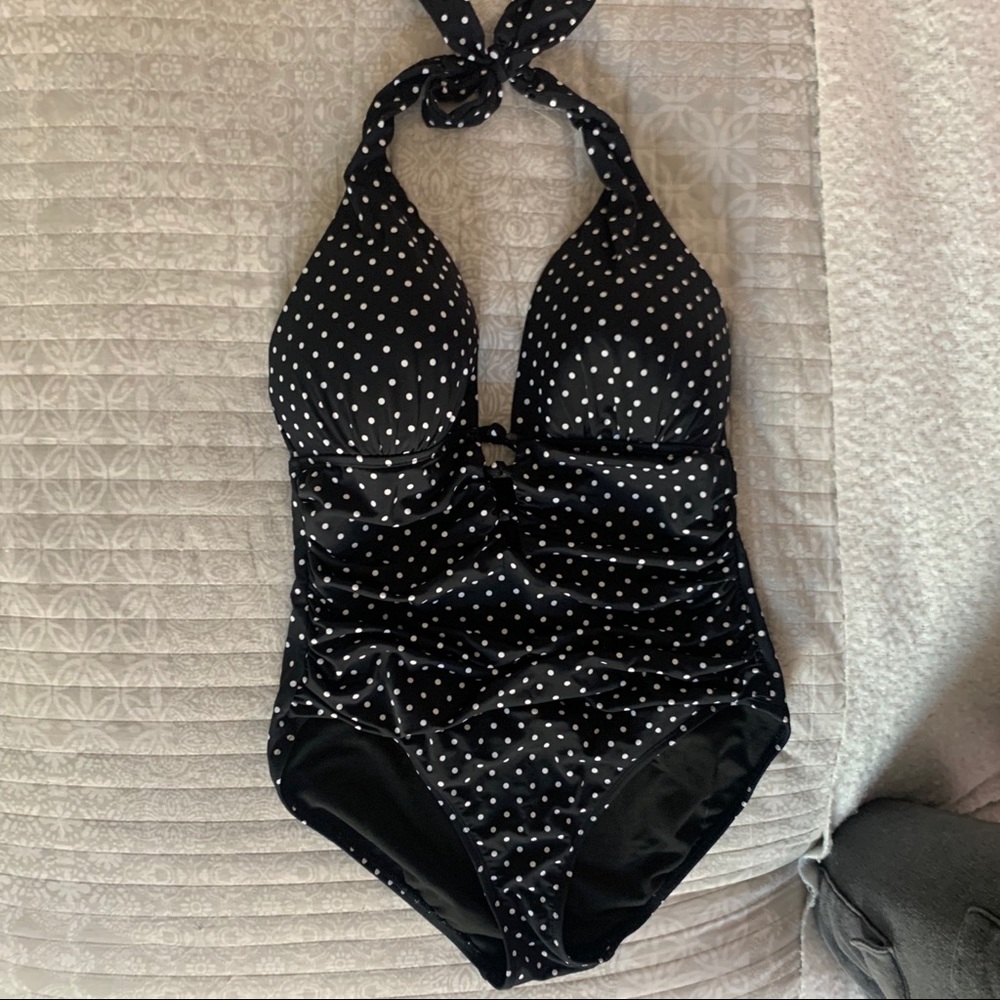 Pin Dot Slimming Fit Halter One Piece Swimsuit